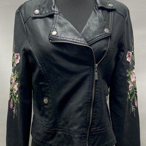 Jou Jou Women's Black Faux Leather Floral Embroidered Motorcycle Jacket Medium